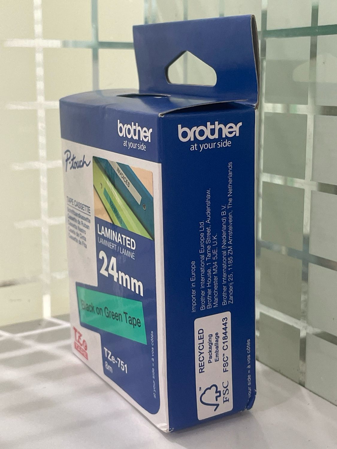 Brother Tze-751 Black on Green 24mm Label Tape