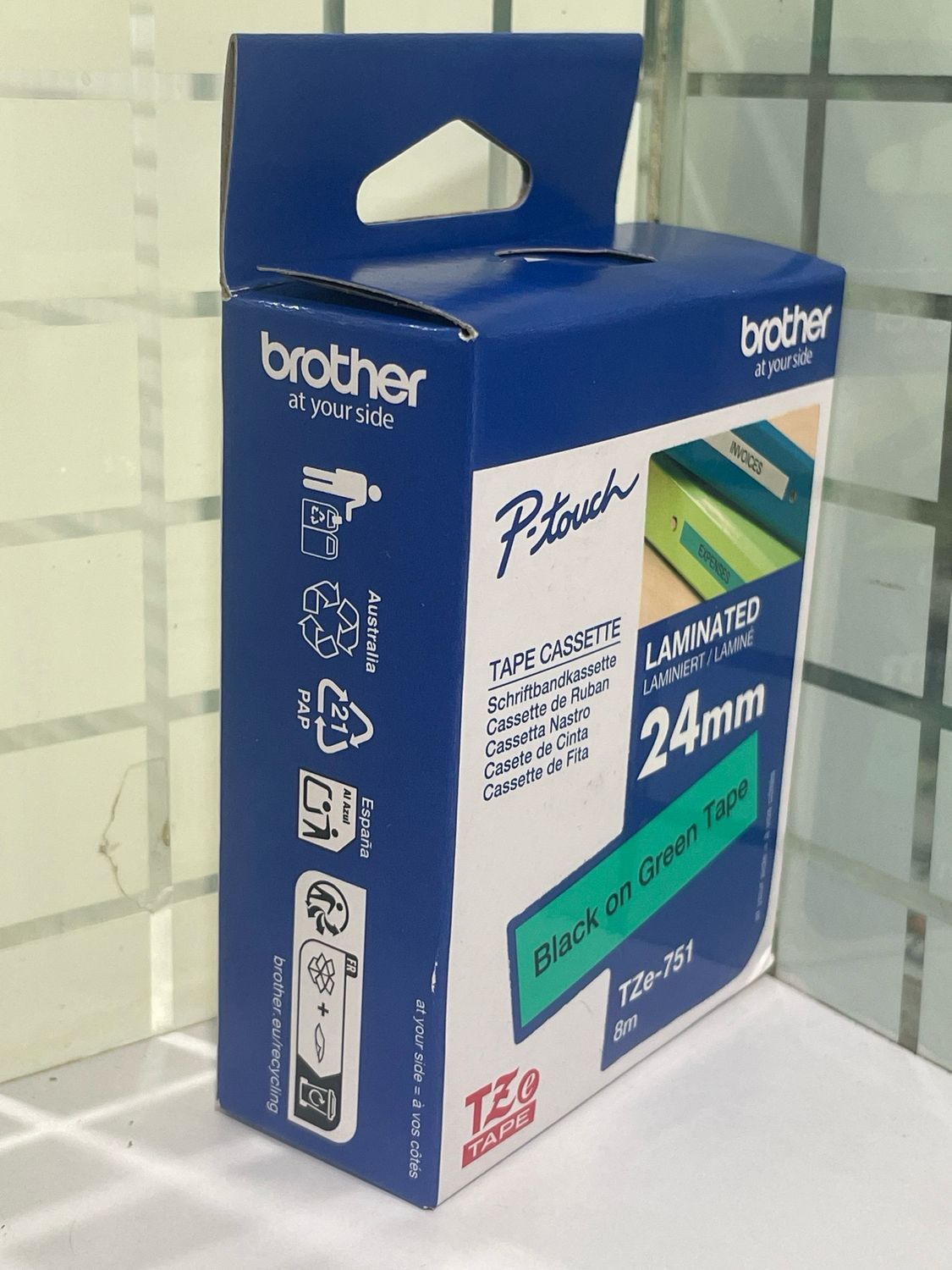 Brother Tze-751 Black on Green 24mm Label Tape