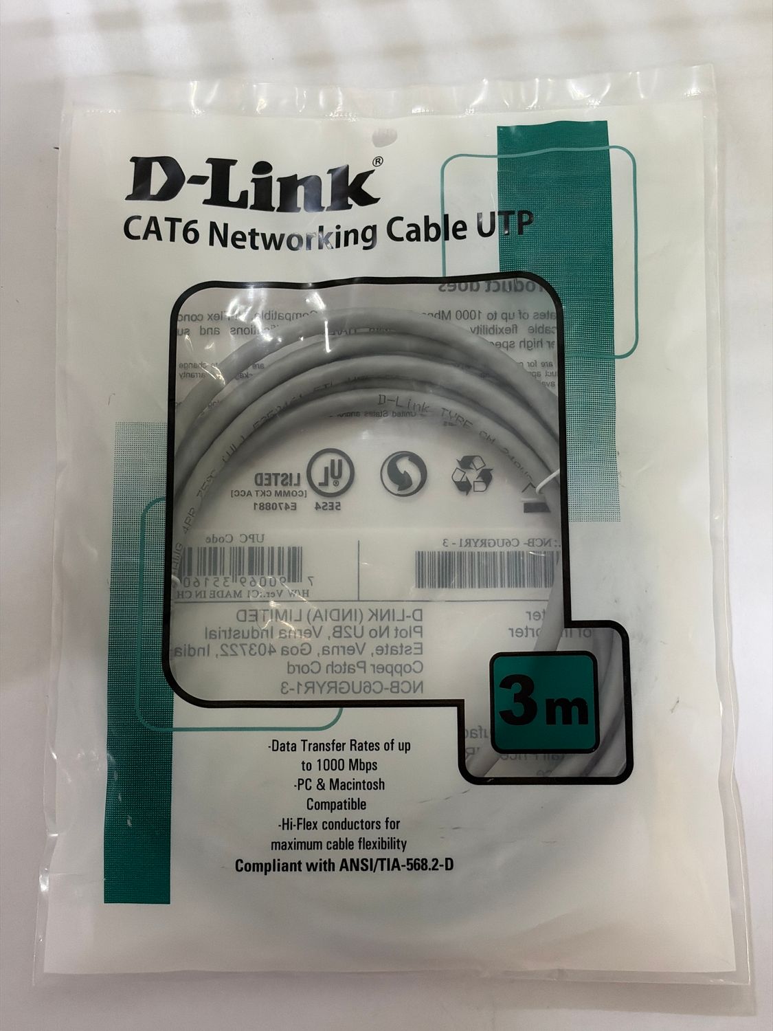 D-Link 3mtr Cat-6 Patch Cord Lan Cable