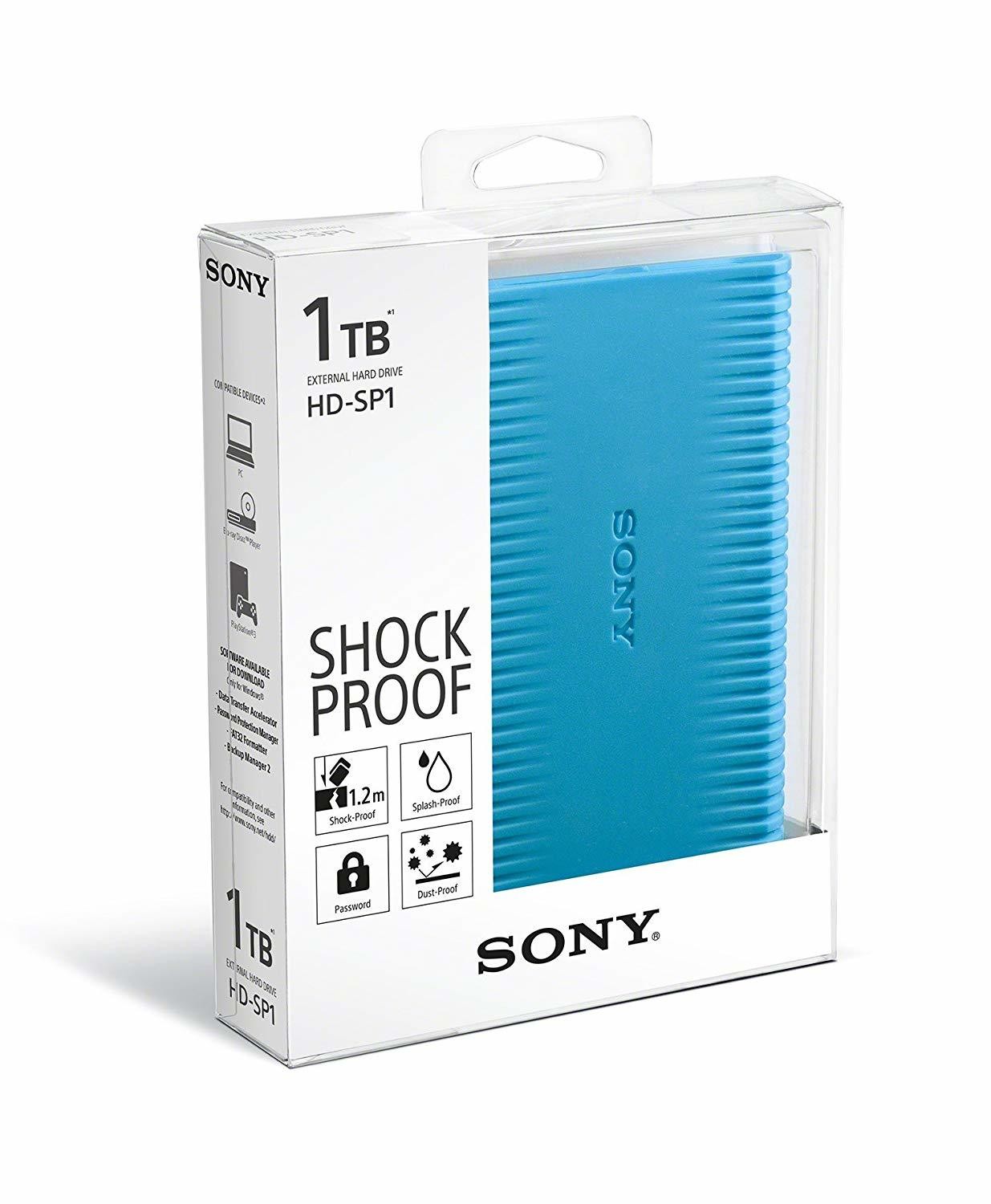 Sony 1TB HD-SP1 Shock-Proof External Hard Drive with Backup Manager, Blue