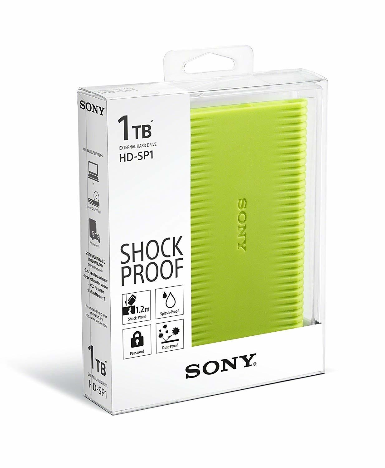 Sony 1TB HD-SP1 Shock-Proof External Hard Drive with Backup Manager, Green