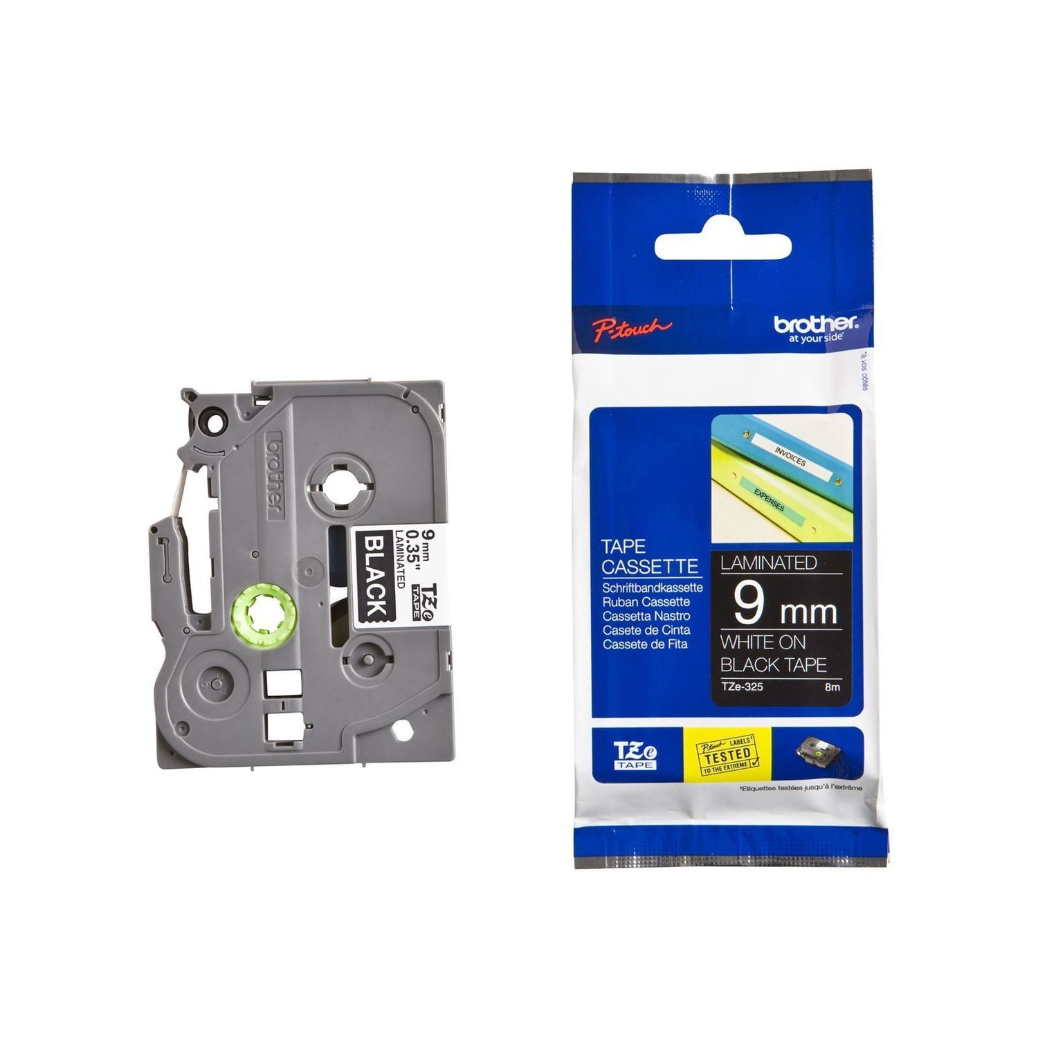 Brother Tze-325 Label Tape, 9mm White on Black Brother Tze-325 Label Tape, 9mm White on Black