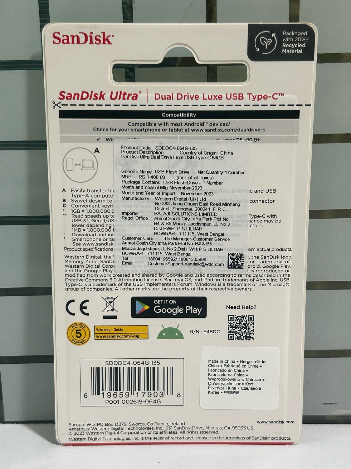 SanDisk 64GB USB and Type-C Pen Drive (Metal DDC4)