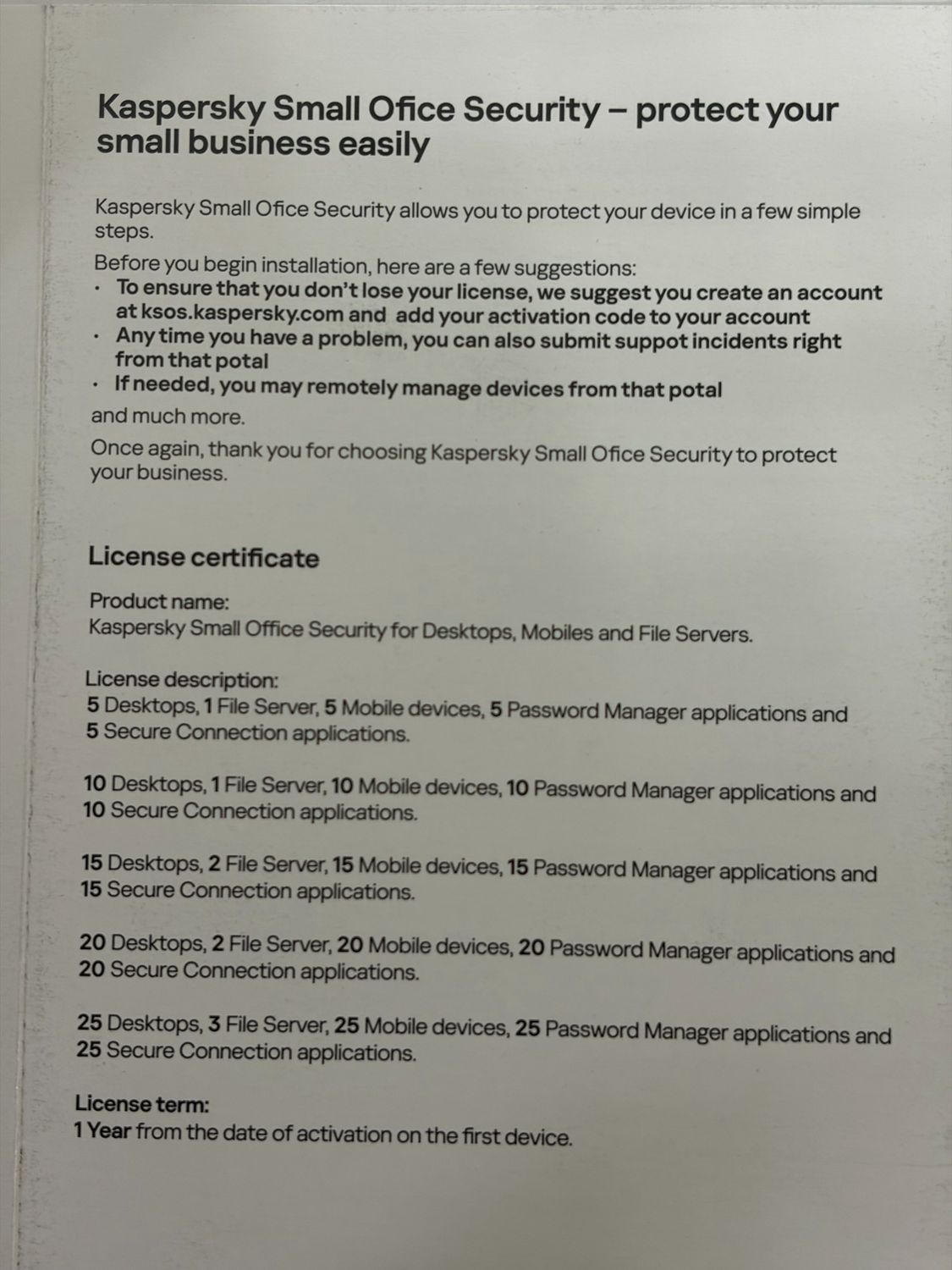 20 Pc, 2 Server, 20 Mobile, 1year, Kaspersky Small Office Security