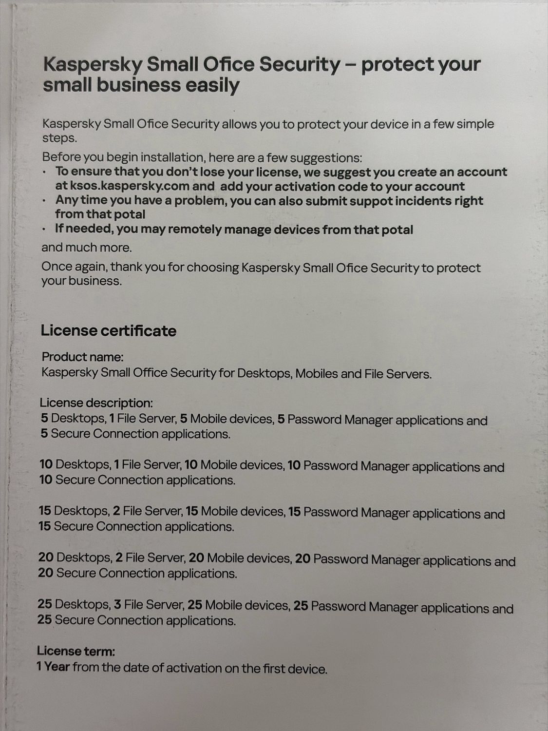 5 PC, 1 Server, 5 Mobile, 1 Year, Kaspersky Small Office Security