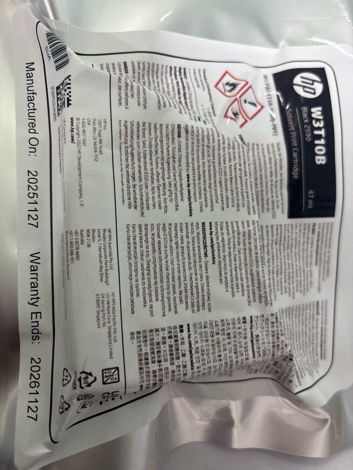 HP 2590 W3T10B Black Solvent Cartridge