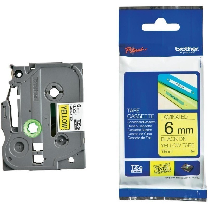 Brother TZe-611 Black on Yellow 6mm Label Tape