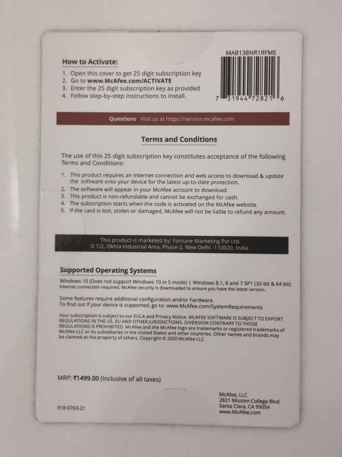 Renewal, 1 User, 3 Year, McAfee Antivirus