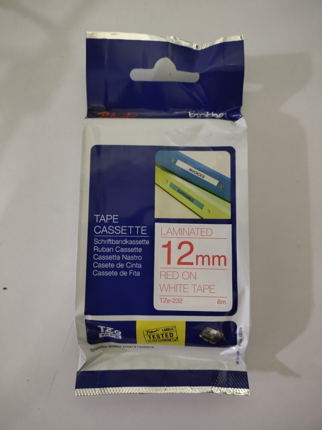 Brother Tze-232 Red on White 12mm Label Tape