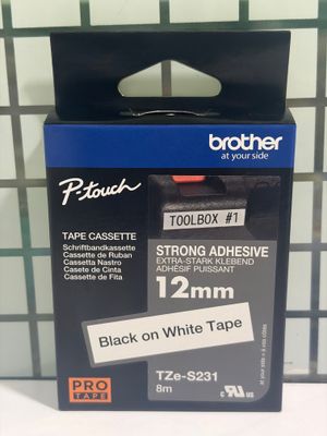 Brother Tze-S231 Black on White 12mm Strong Adhesive Label Tape