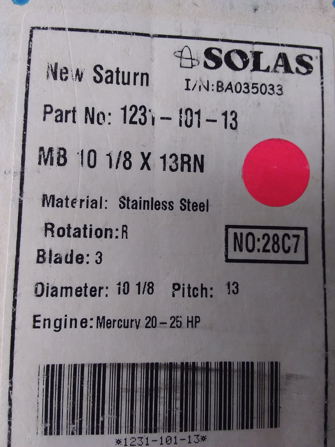 Solas/Mercury MB 3 Blade Stainless Steel Propeller. 1231-101-13