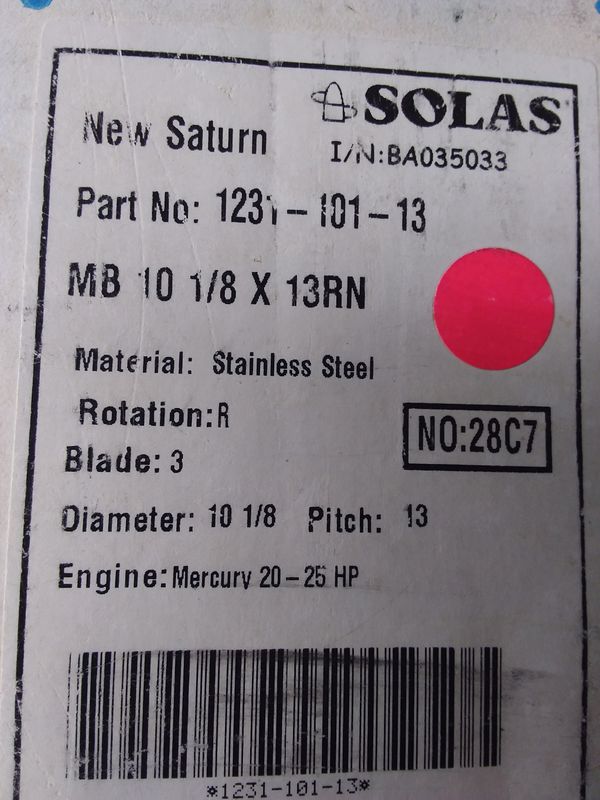 Solas/Mercury MB 3 Blade Stainless Steel Propeller. 1231-101-13