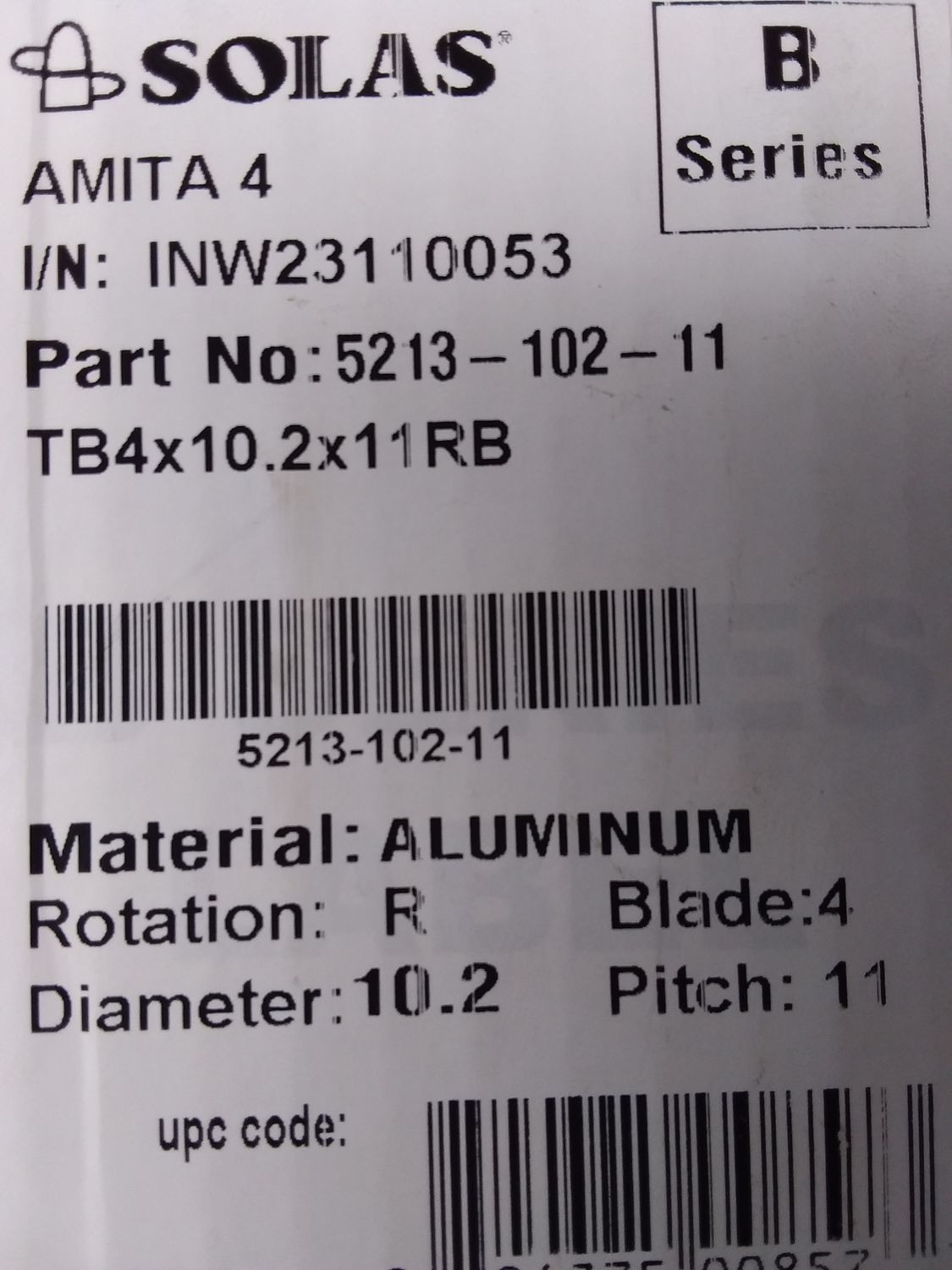 Solas/Tohatsu TB 4 Blade 10.2" x 11" Alloy propeller. 5213-102-11