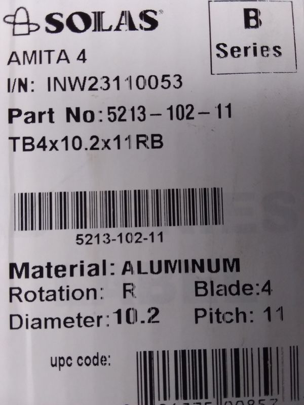 Solas/Tohatsu TB 4 Blade 10.2" x 11" Alloy propeller. 5213-102-11