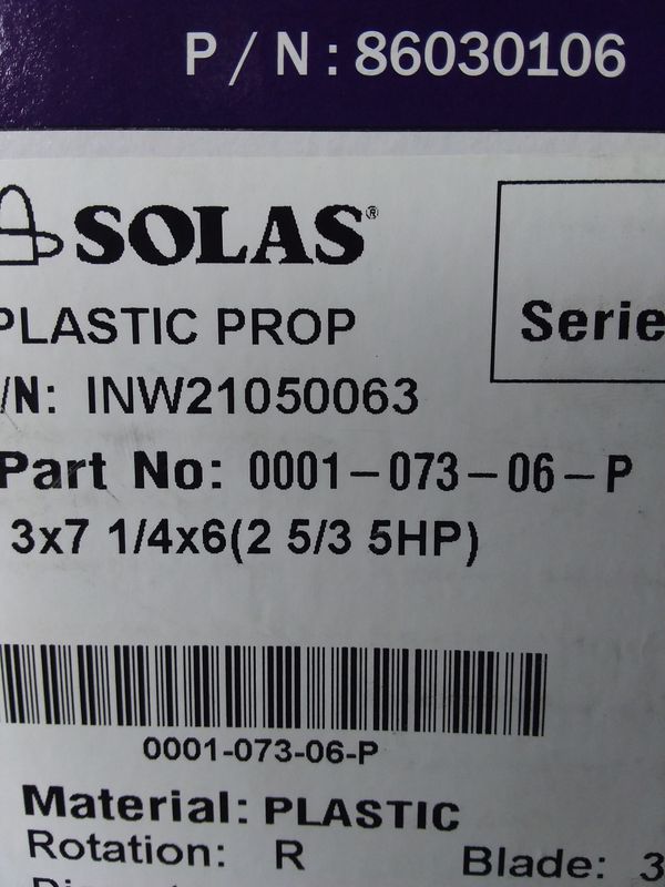 Solas/Tohatsu 3 Blade Plastic Propeller. 0001-073-06-P.