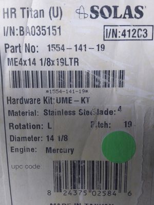 Solas/Mercury 4 Blade Left-hand Stainless Steel Propeller. 1554-141-19