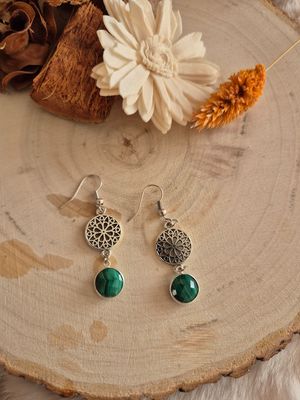Edelsteen oorbellen malachiet met levensbloem - Zilver &amp; zuiver