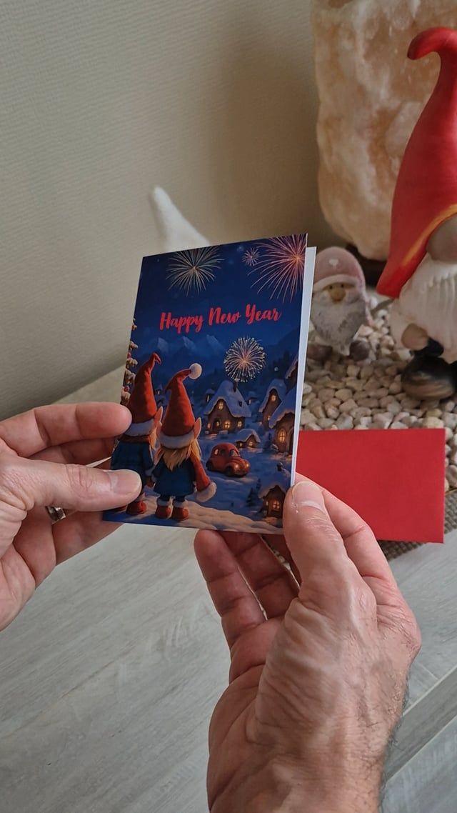 Wenskaart Happy New Year – Trolletjes bij het vuurwerk Wenskaart Happy New Year – Trolletjes bij het vuurwerk