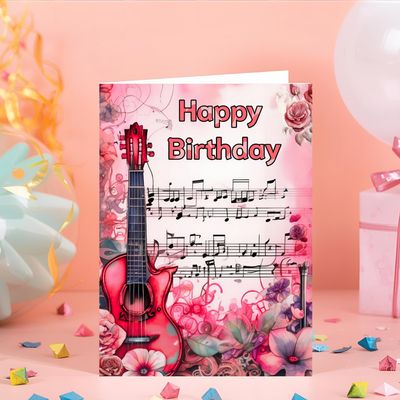 Verjaardagskaart - Muzikale bloemenkaart met gitaar en roze tinten Verjaardagskaart - Muzikale bloemenkaart met gitaar en roze tinten