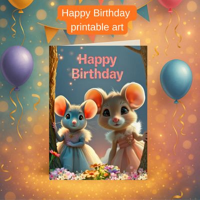 Printable verjaardagskaart-happy birthday met schattige muisjes