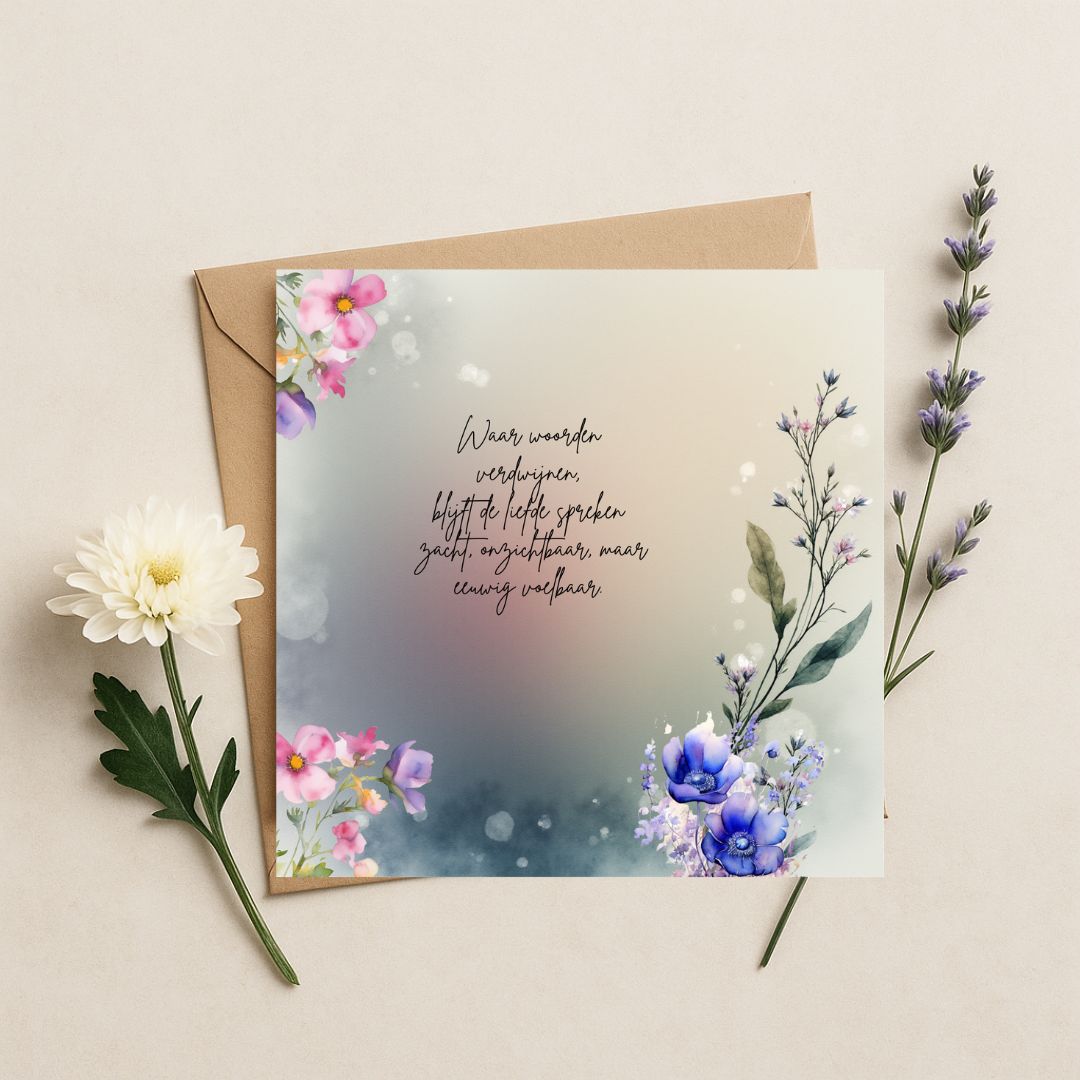 Rouwkaart printable met bloemen en spirituele tekst