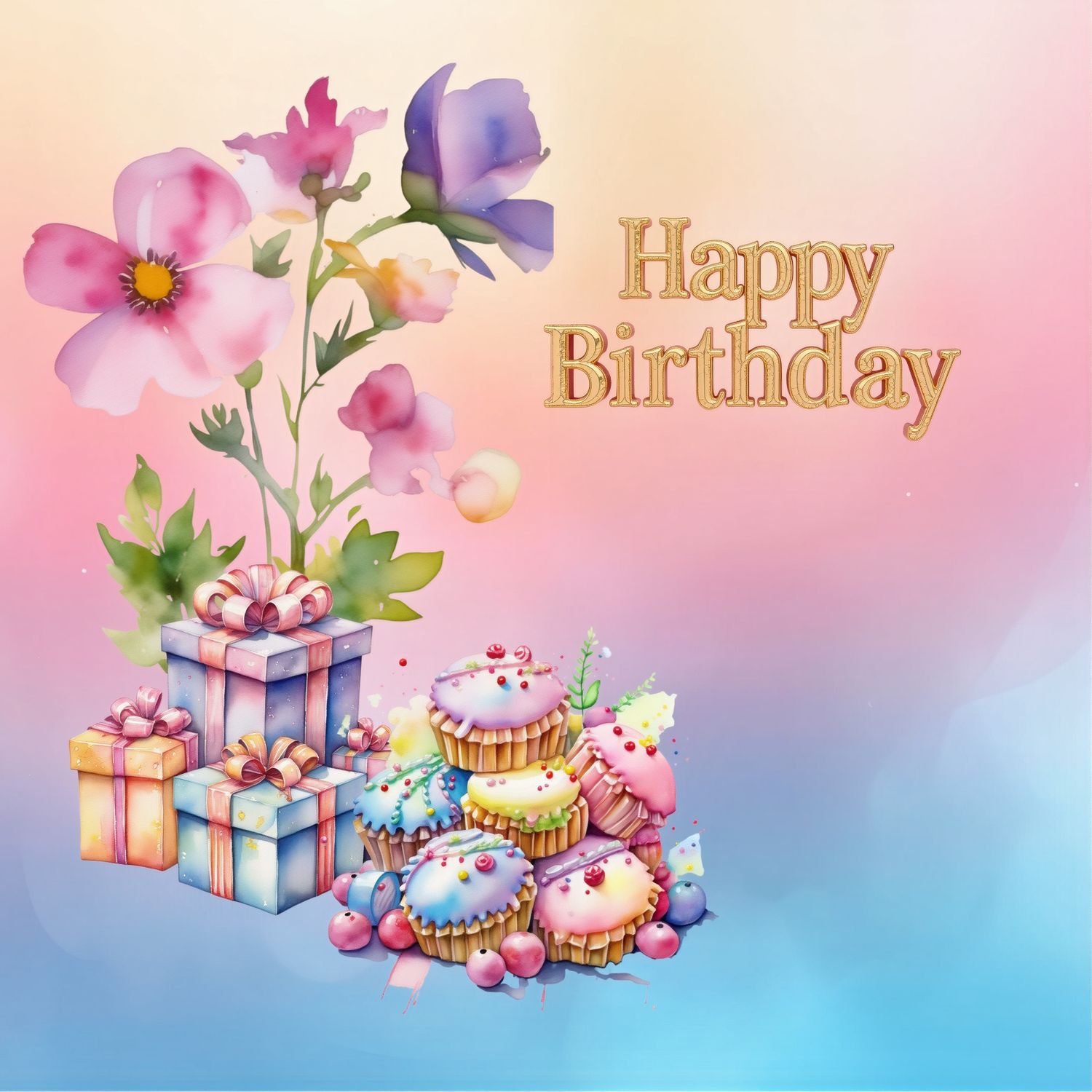 Speelse verjaardagskaart in aquarel, met bloemen en cupcakes