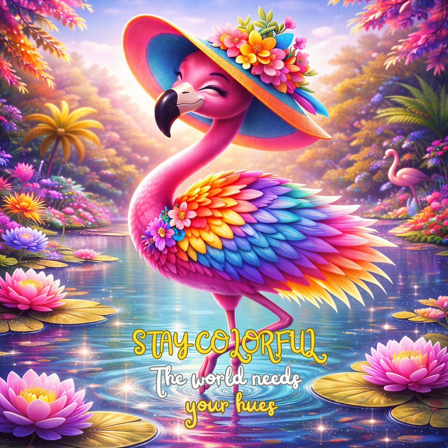Verjaardagskaart Flamingo “Stay Colorful” – Digitale PNG – Kleurrijke wenskaart om te versturen of af te drukken