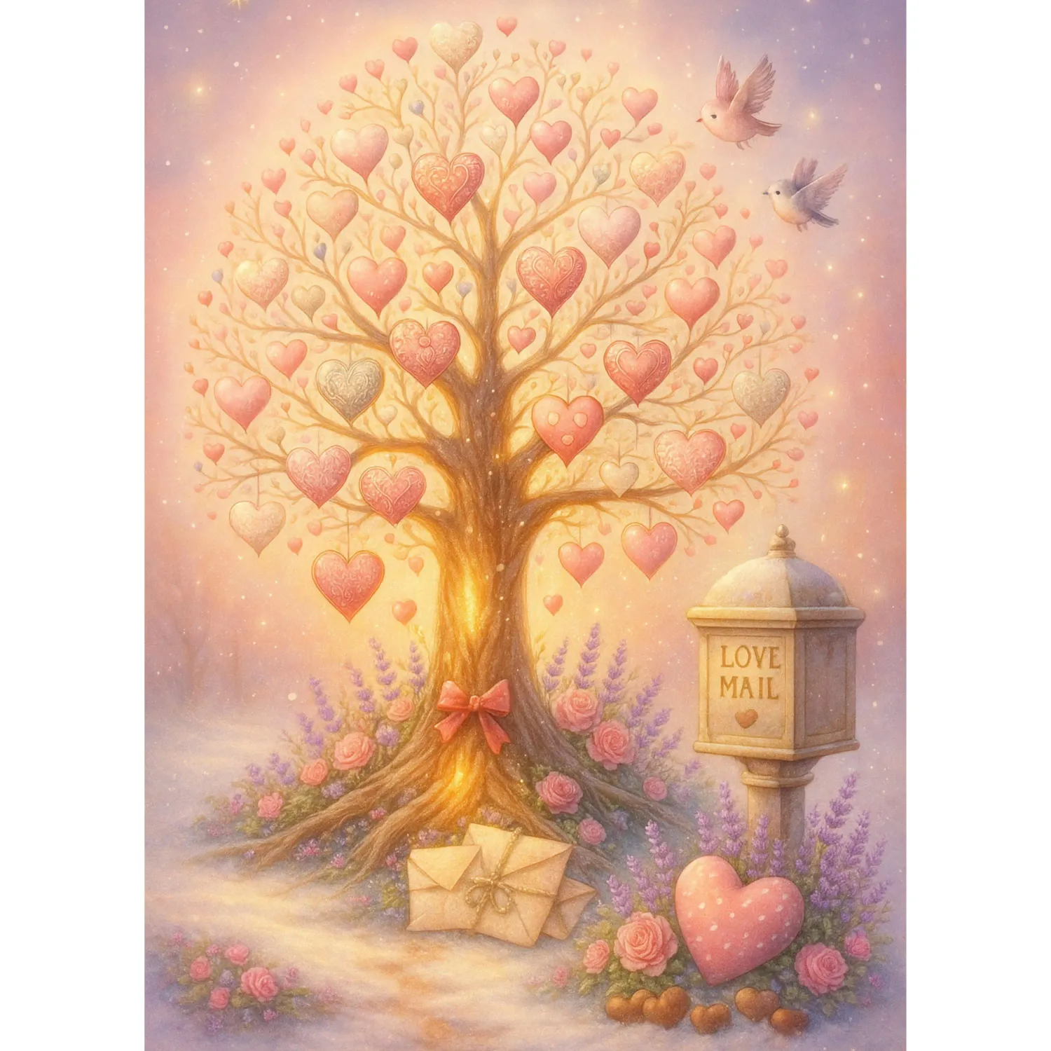 Artistieke afprintbare liefdeskaart met hartje en boommotief, een leuk aandenken voor stellen.