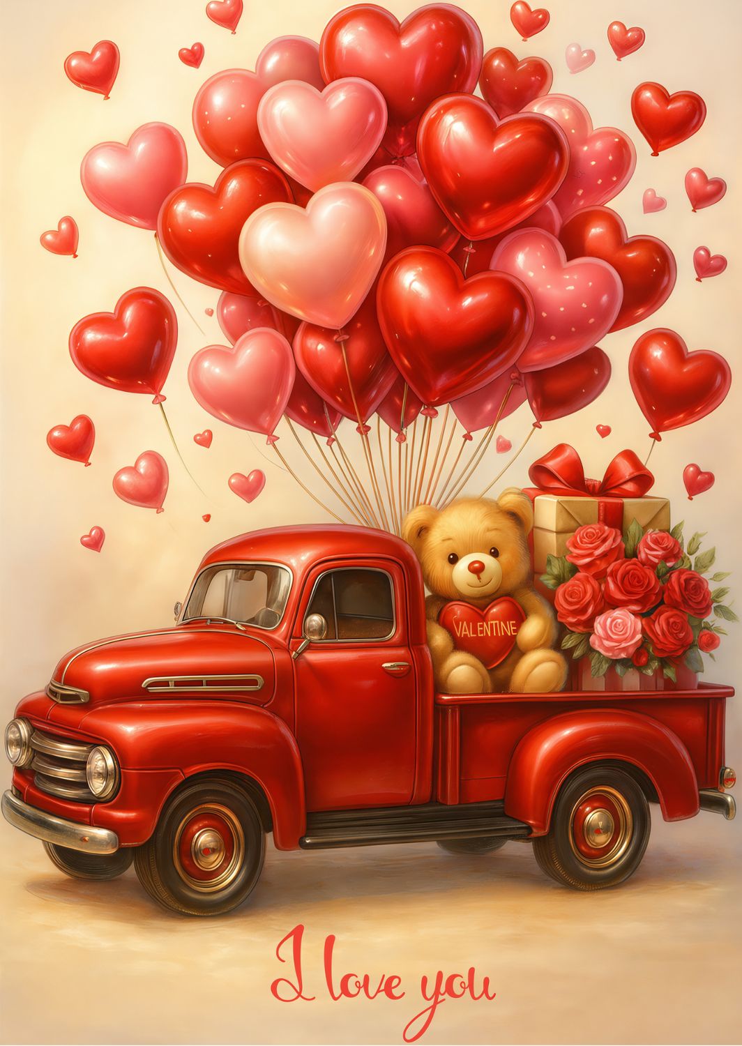 Afdrukbare vintage rode vrachtwagen valentijnskaart voor hem