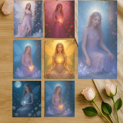 Afdrukbare set van 7 Lichtelfen - een complete serie van zeven spirituele kaarten die elk een unieke energie uitstralen.