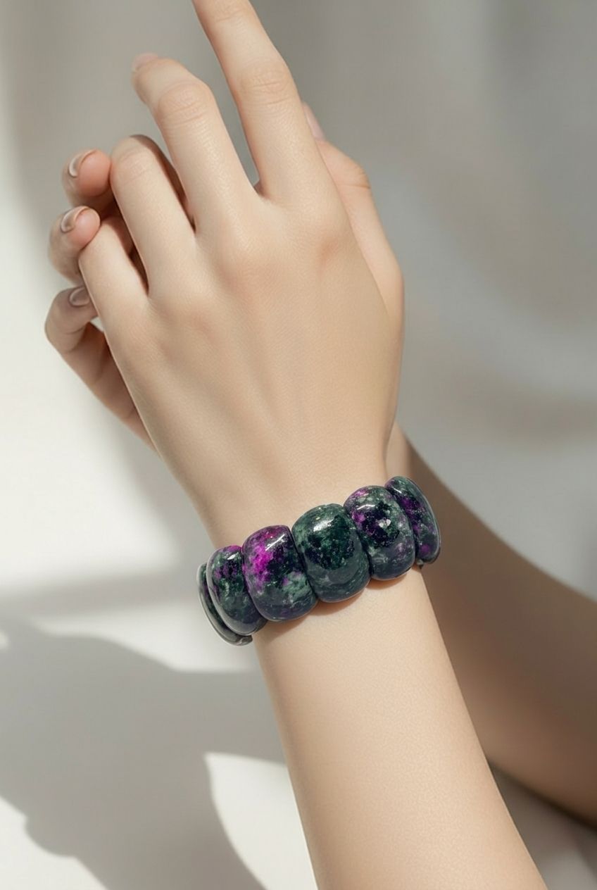 Robijn in zoisiet armband – brede natuurlijke edelsteenkralen