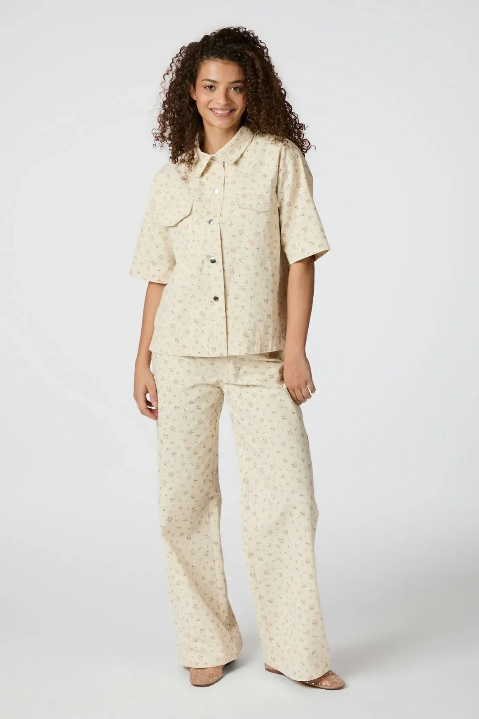 Neo Noir Semba Floral Denim Pants Beige