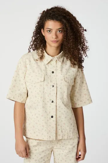Neo Noir Tiki floral Denim Shirt Ecru