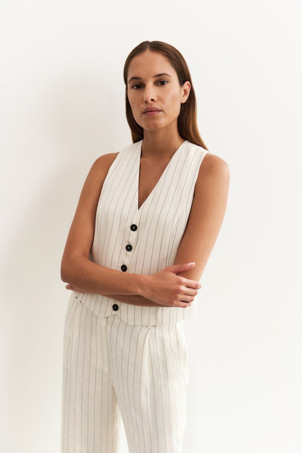 YaYa Linen mix pinstripe gilet Beige