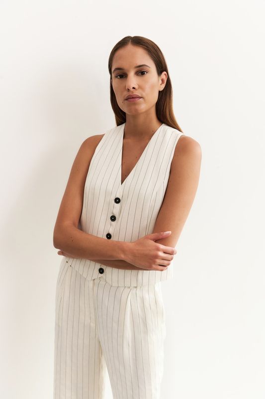 YaYa Linen mix pinstripe gilet Beige