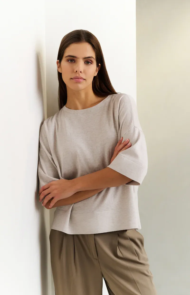 YaYa Oversized fijngebreid T-shirt Bruin