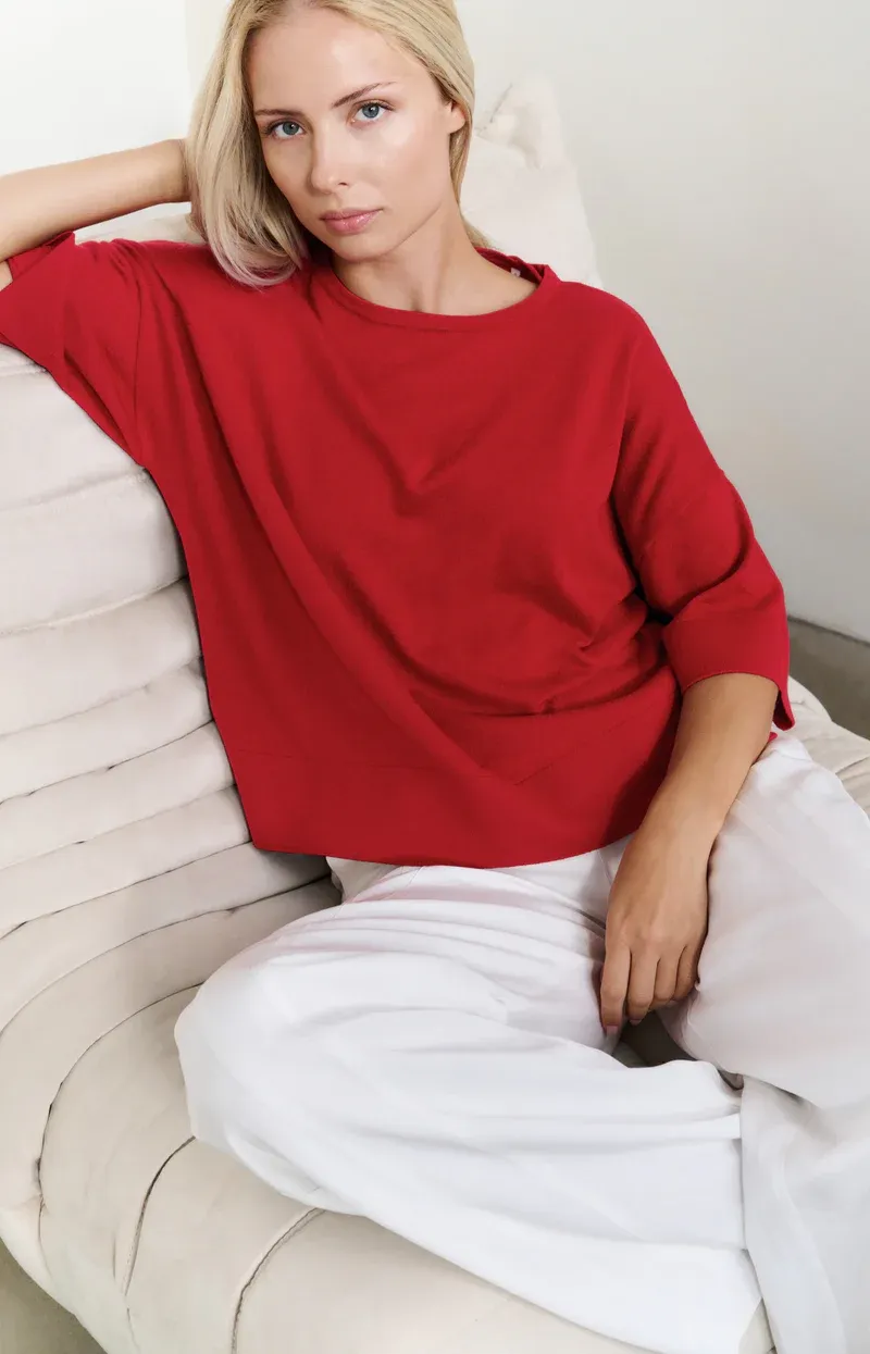 YaYa Oversized fijngebreid T-shirt Rood