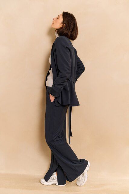 YaYa Broek met sierplooien en split Blauw 01-301227-510