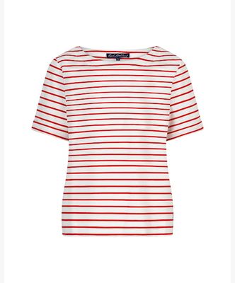 Red Button Terry Stripe Short Sleeve Rood