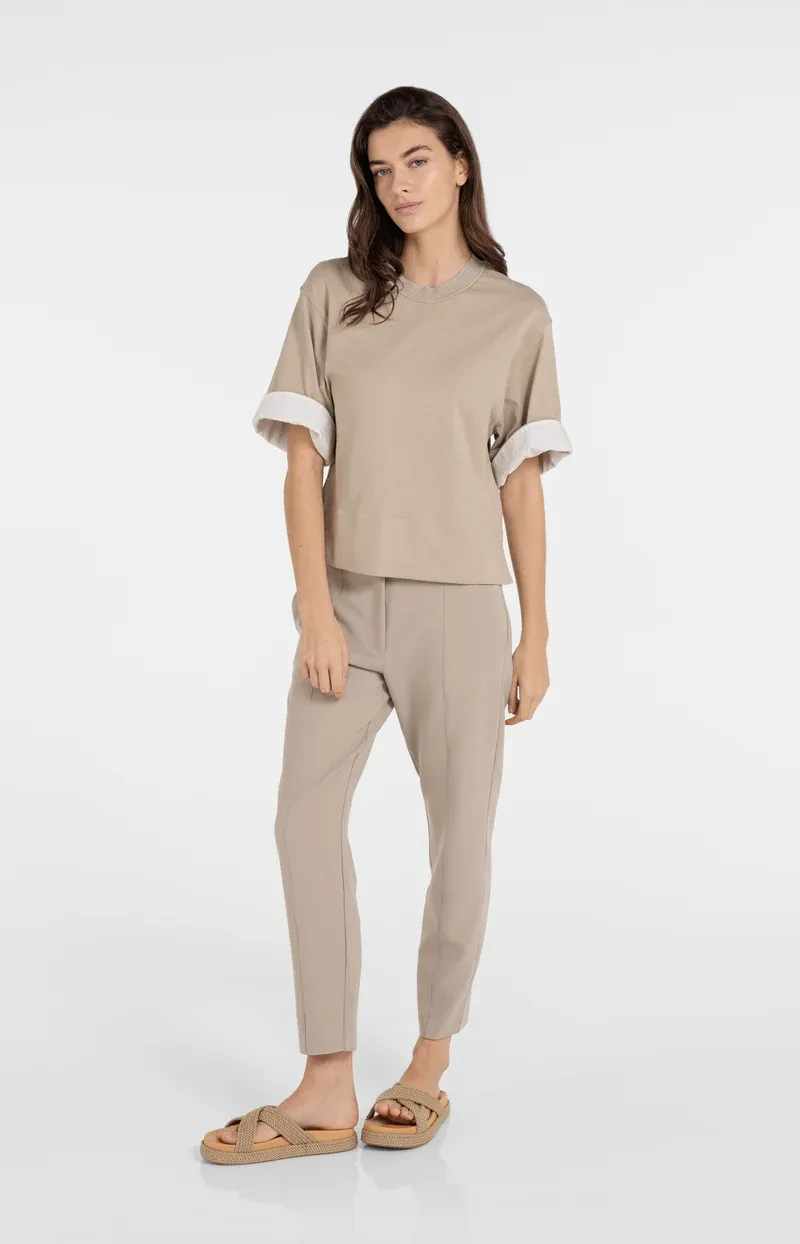 YAYA Jersey top met ribboord en geweven details Bruin