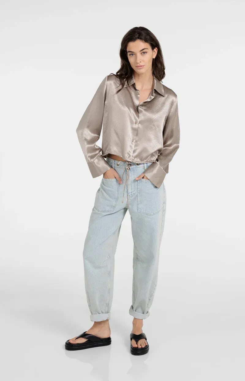 YAYA Satijnen blouse met trekkoordzoom Bruin