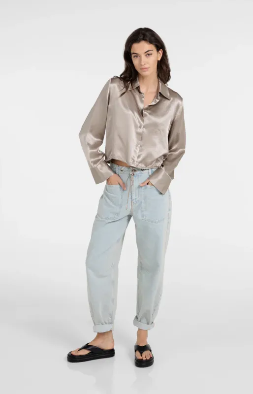 YAYA Satijnen blouse met trekkoordzoom Bruin
