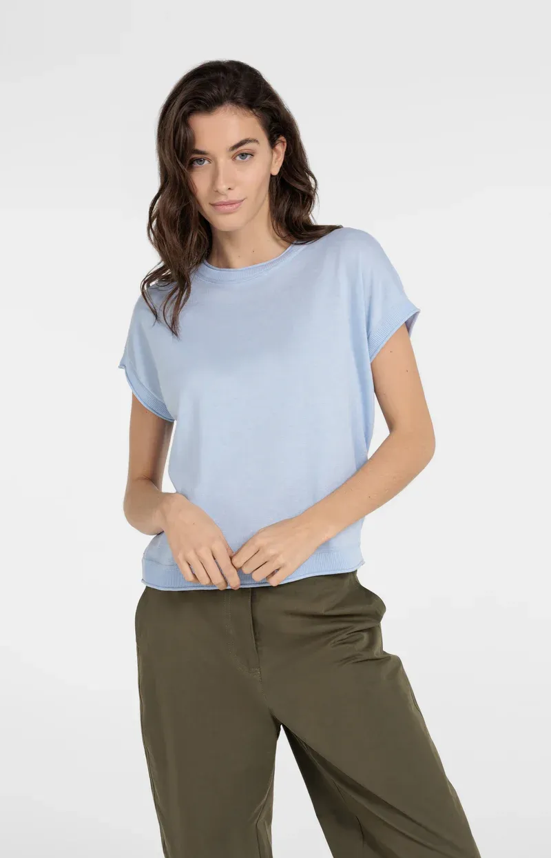 YAYA Gebreide top met korte mouwen en contrasterende boorden Blauw