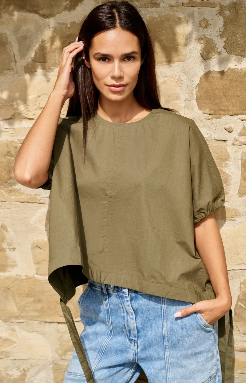 YAYA Boxy top met verstelbare taille en pofmouwen Groen