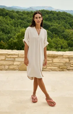 YaYa V-neck dress with pleated slee Beige 01-601218-604