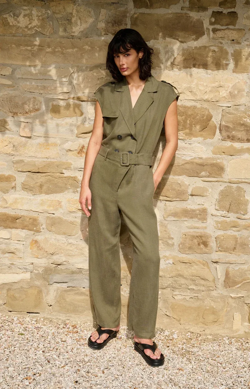YaYa Linen mix woven jumpsuit with Groen 01-341026-604