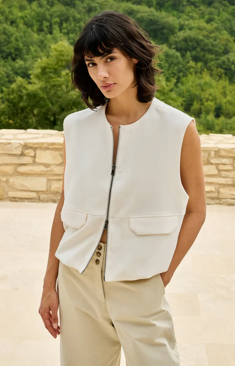 YaYa Sleeveless woven jacket with b Ecru 01-511051-604