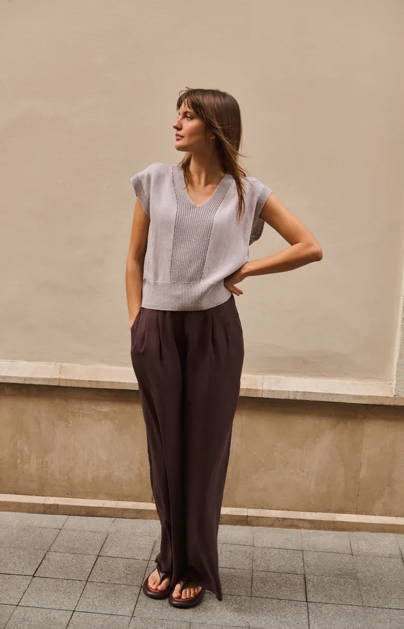 YAYA Broek met wijde pijpen en half elastische taille Paars