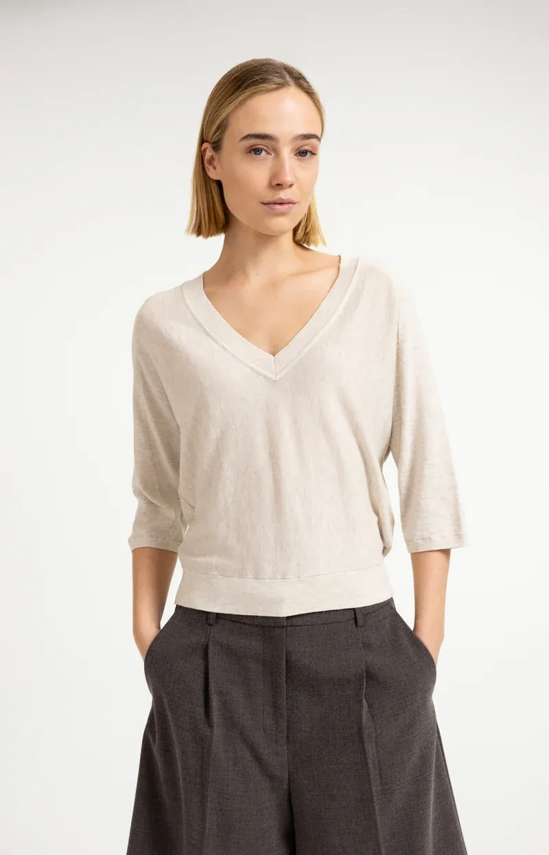 YaYa V-hals trui met naaddetails Beige 01-000609-607