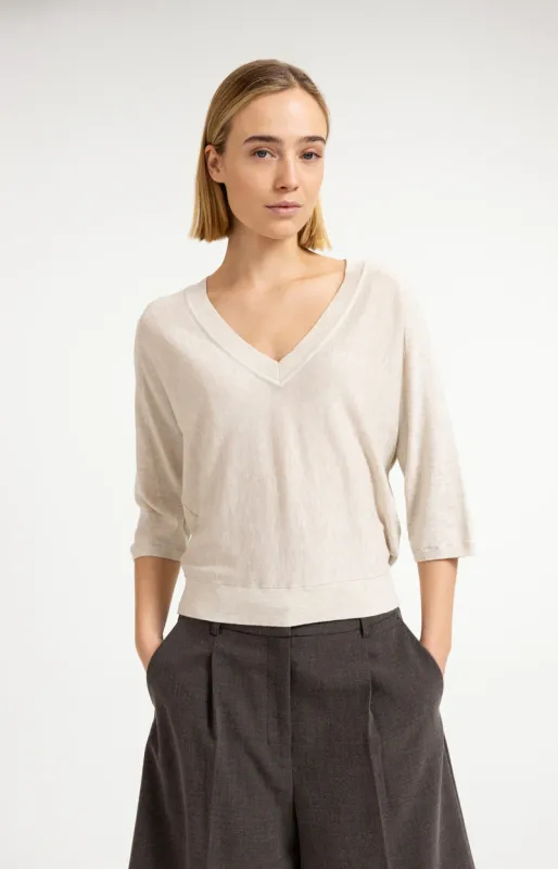 YaYa V-hals trui met naaddetails Beige 01-000609-607
